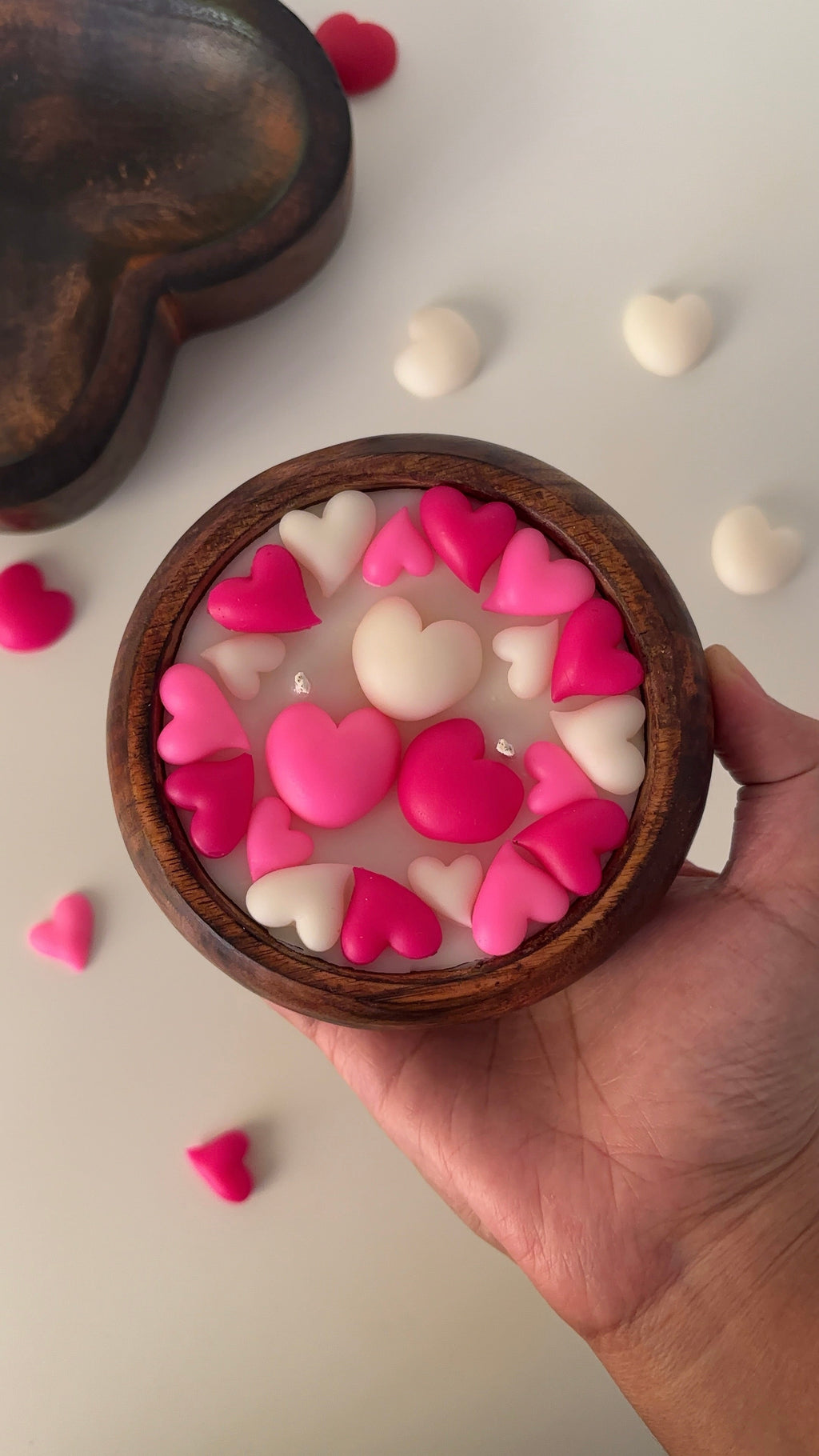 Full of Hearts wooden bowl candle