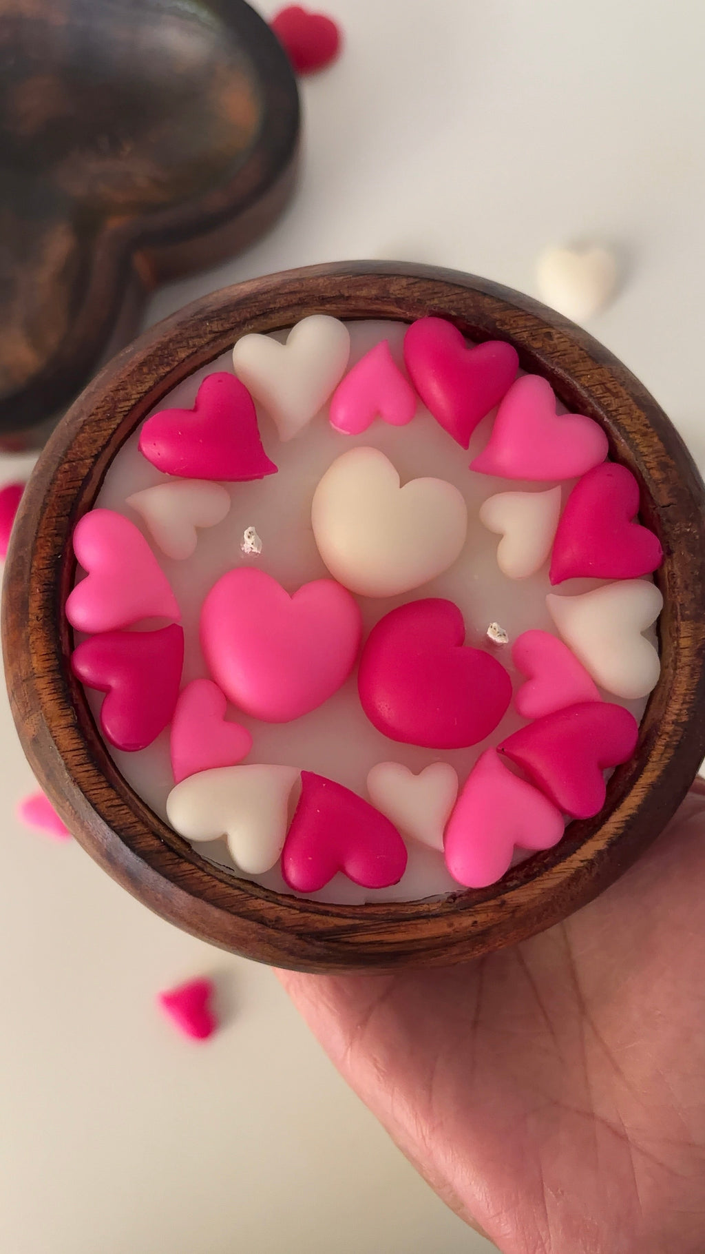Full of Hearts wooden bowl candle