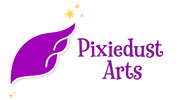 Logo of Pixiedust Arts with a purple leaf and stars on a white background